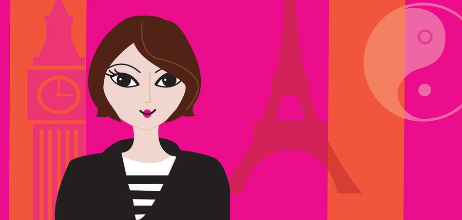 Regular Girl Illustration of Woman with Eiffel Tower, Yin and Yang Symbol, and Big Ben in background