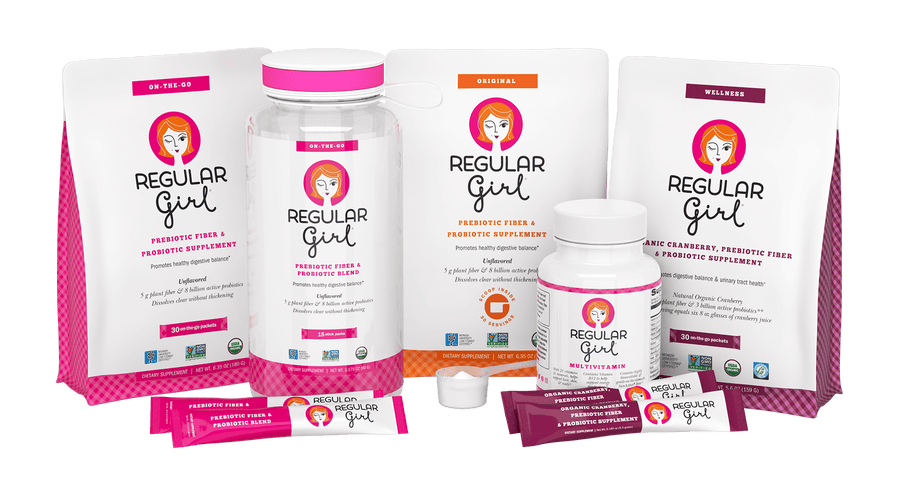 Regular Girl Family of products including: Regular Girl Original Powder, Regular Girl On-the-Go, Regular Girl Wellness, and Regular Girl Multi-Vitamin